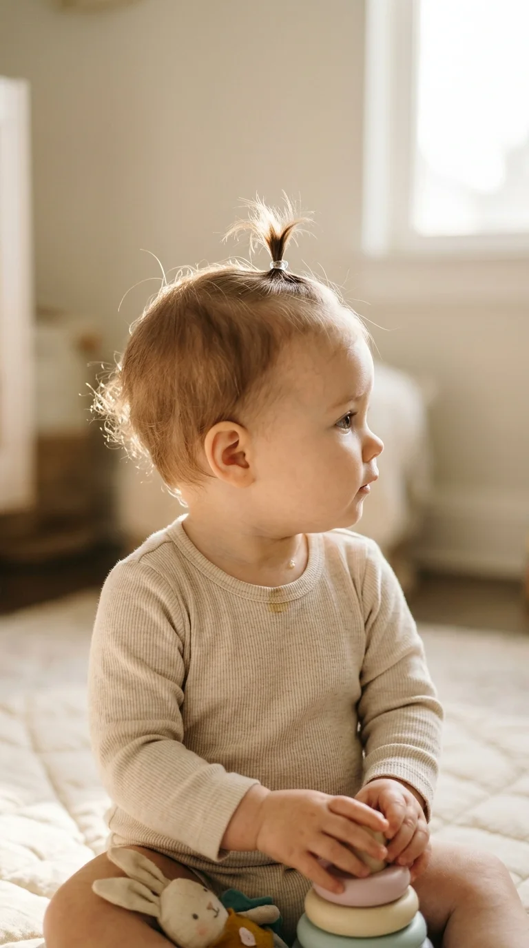 Three quarter view of a baby girl with a tiny sprout on top of fine hair