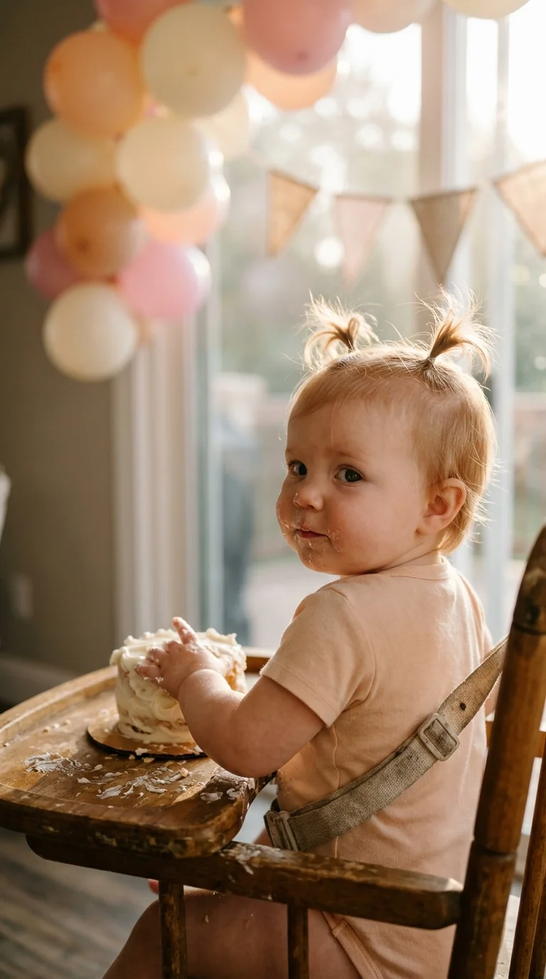 Three quarter view of a baby with one soft curl twirled on top