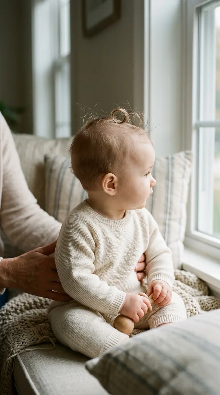 Side profile of a baby in a loose knotted cotton head wrap at the beach