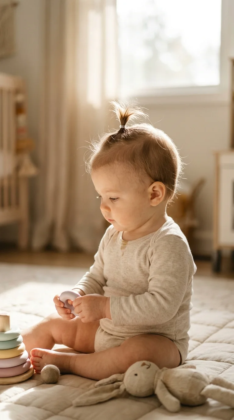 Side profile of a baby with sparse fuzzy hair wearing a wide blush nylon headband