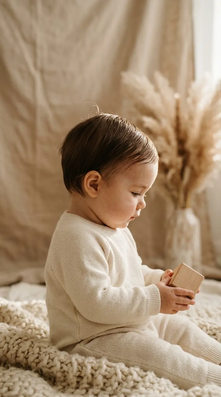 Side profile of a baby with fine hair brushed sleek and straight back