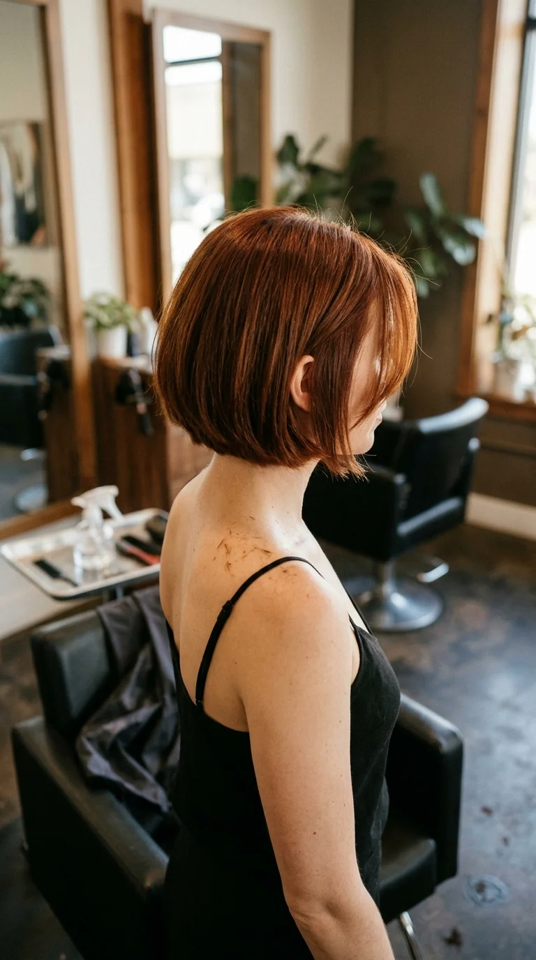 Three quarter back view of auburn bob with freshly trimmed nape at a salon