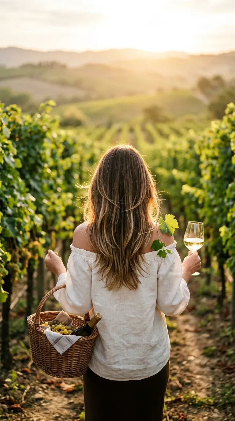 Brunette long layered hair with honey balayage catching light in a vineyard