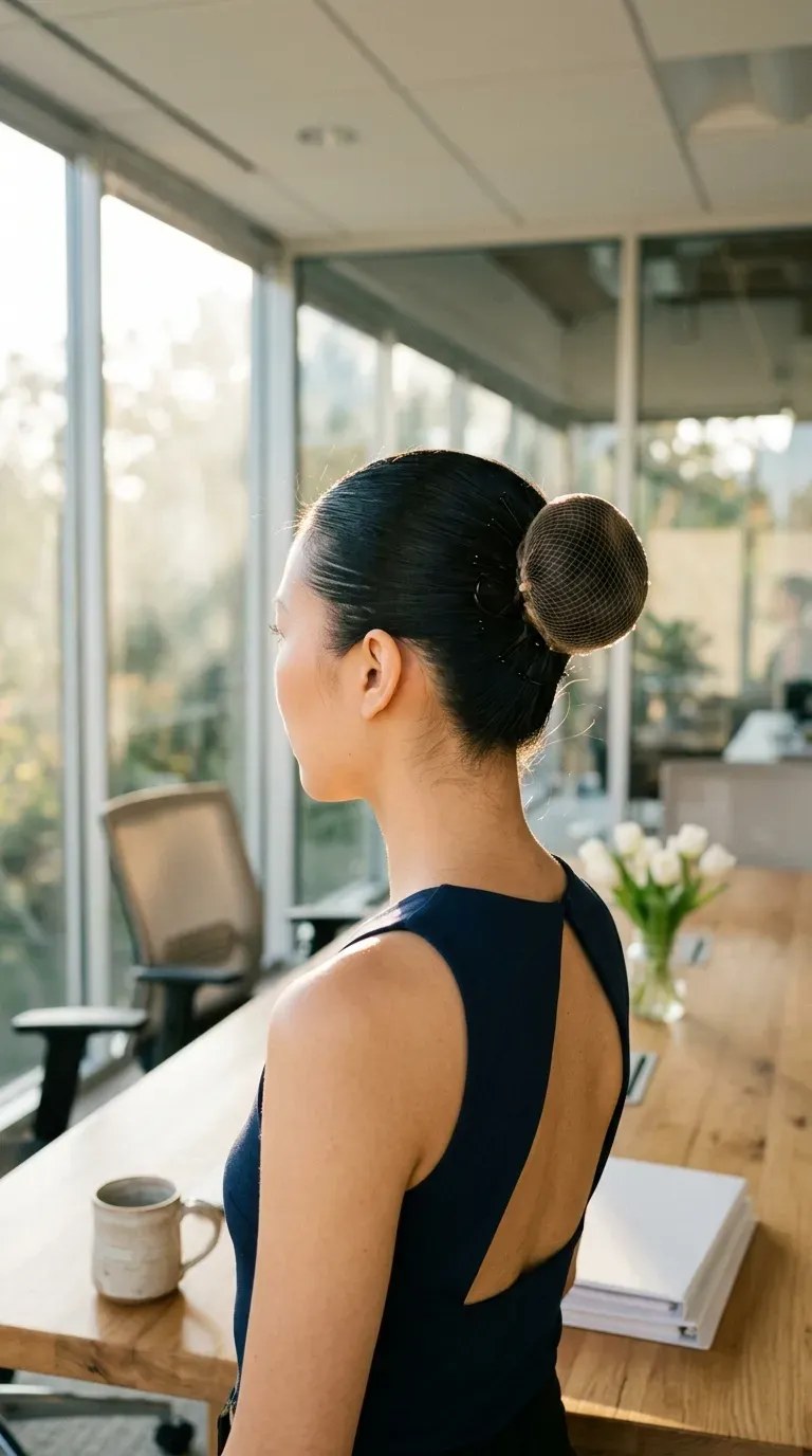 Three quarter back view of a smooth ballerina bun in a sunlit conference room