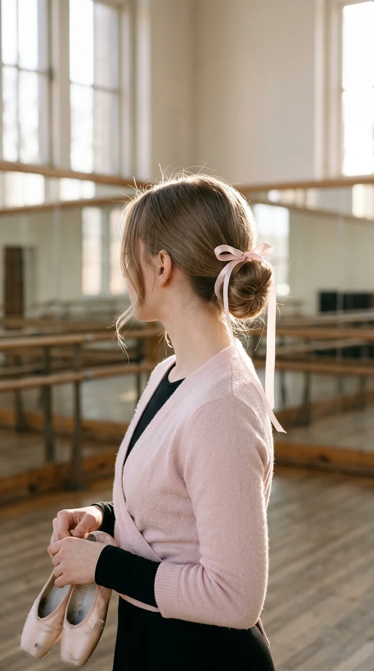 Side back view of a soft low bun wrapped with a pale pink satin ribbon tied in a bow