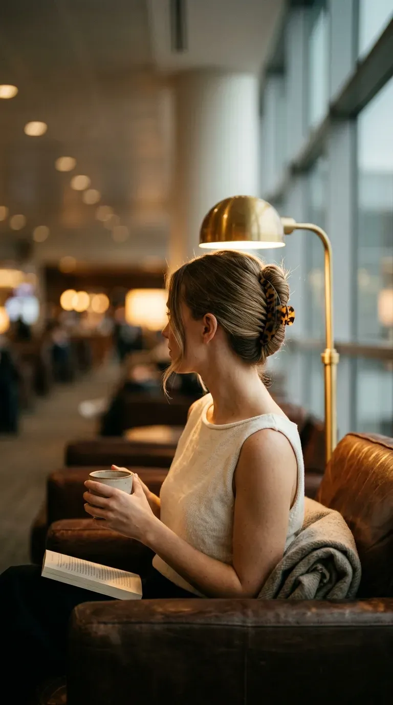 Three quarter view of a banana clip French twist in a warm airport lounge