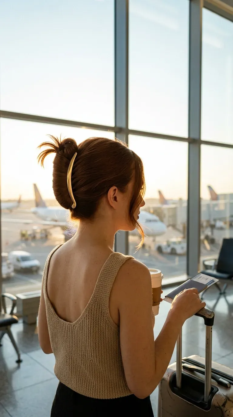 Over the shoulder view of an auburn banana clip updo at an airport window