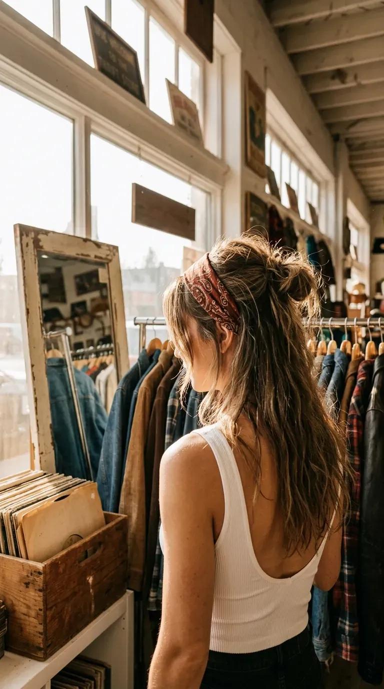 Three quarter back view of a bandana tied half up hairstyle in a thrift store