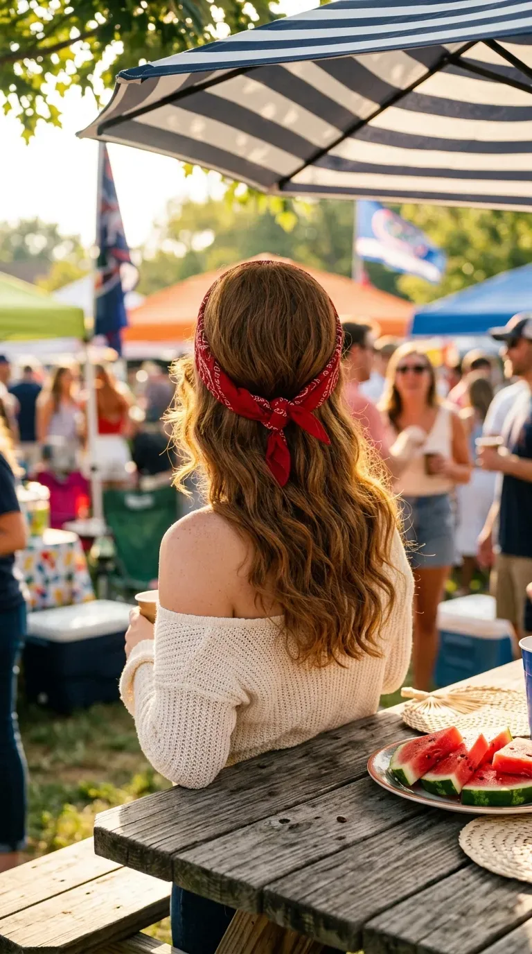 Rolled team color bandana tied at the nape under loose wavy hair