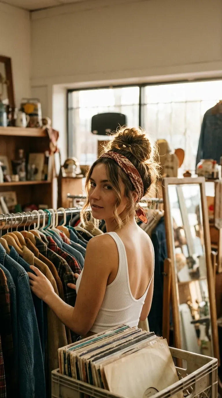 Over the shoulder view of a bandana tied messy bun in a thrift store