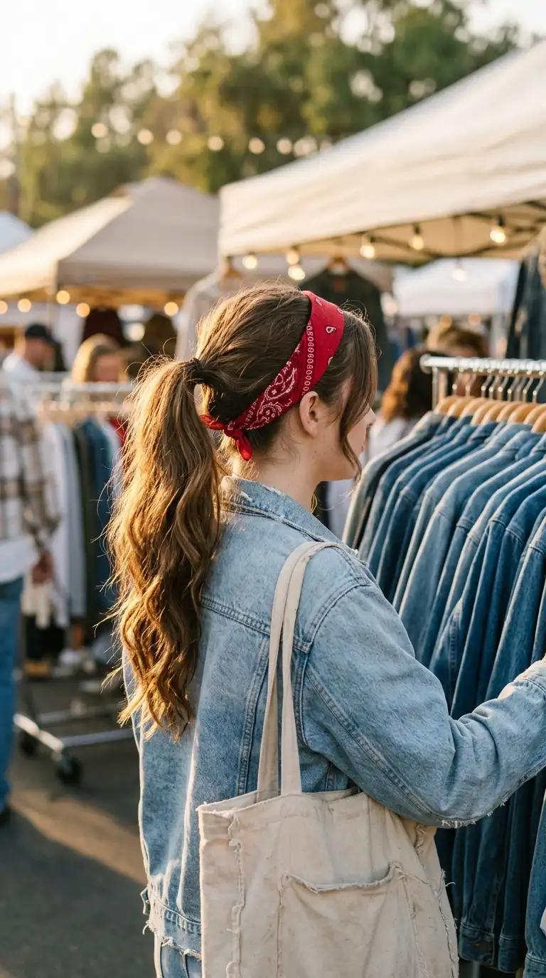 Side profile of a red bandana tied as a headband with a high swingy ponytail on long brown hair