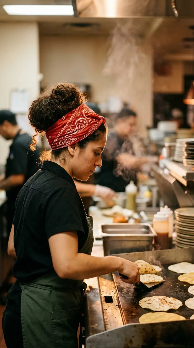 Side profile of a line cook wearing a folded bandana over a bun