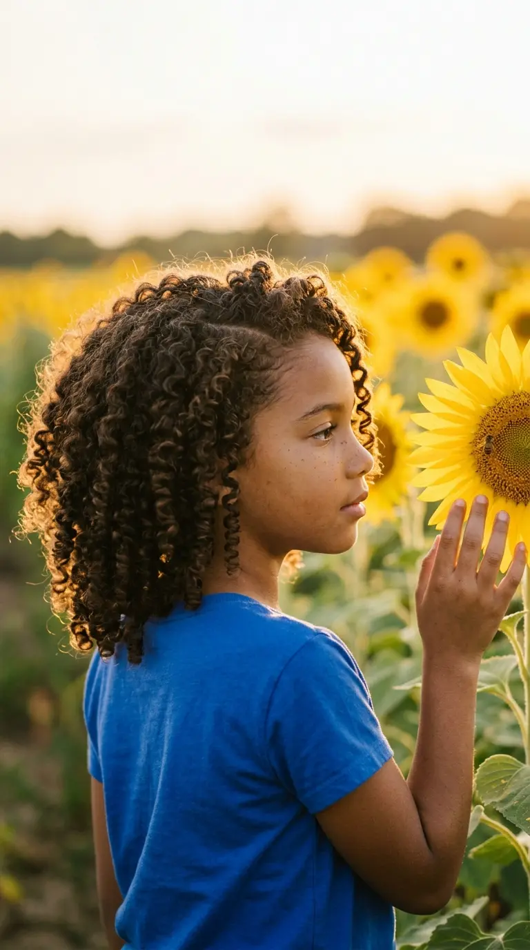 Side profile of a mixed girl with a full Bantu knot out of bouncy spiral curls at a sunflower field