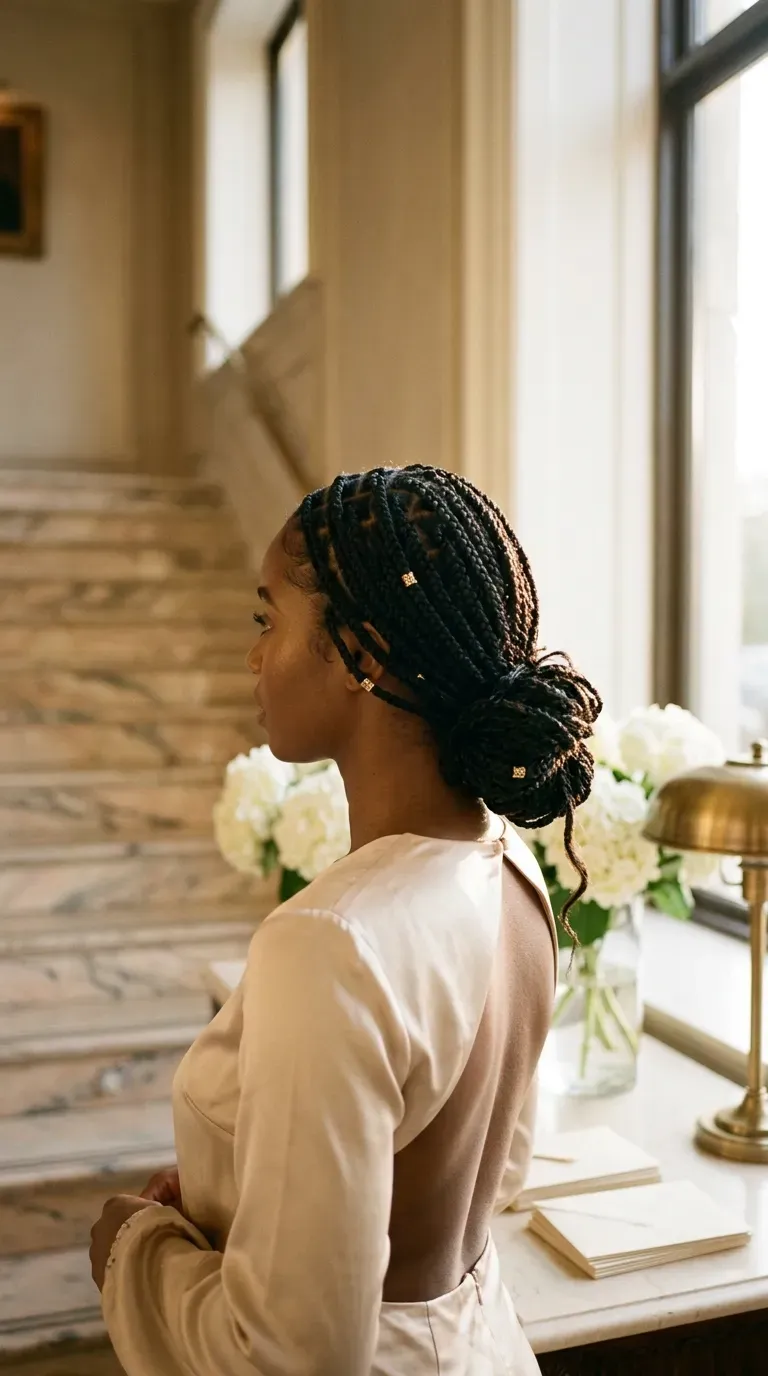 Three quarter view of a soft bantu knot out pinned at the sides
