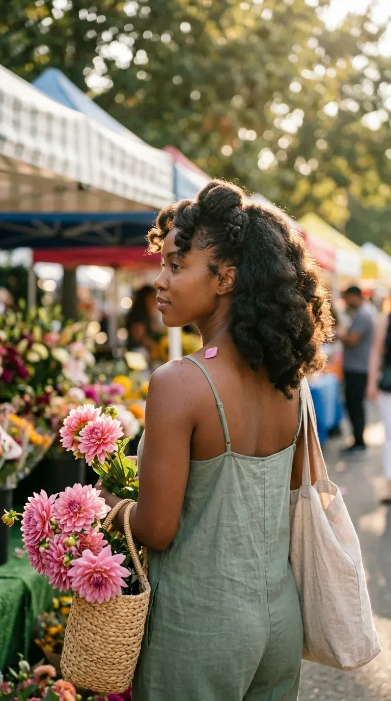 Three quarter view of a bantu knot out brushed into a crown at a market