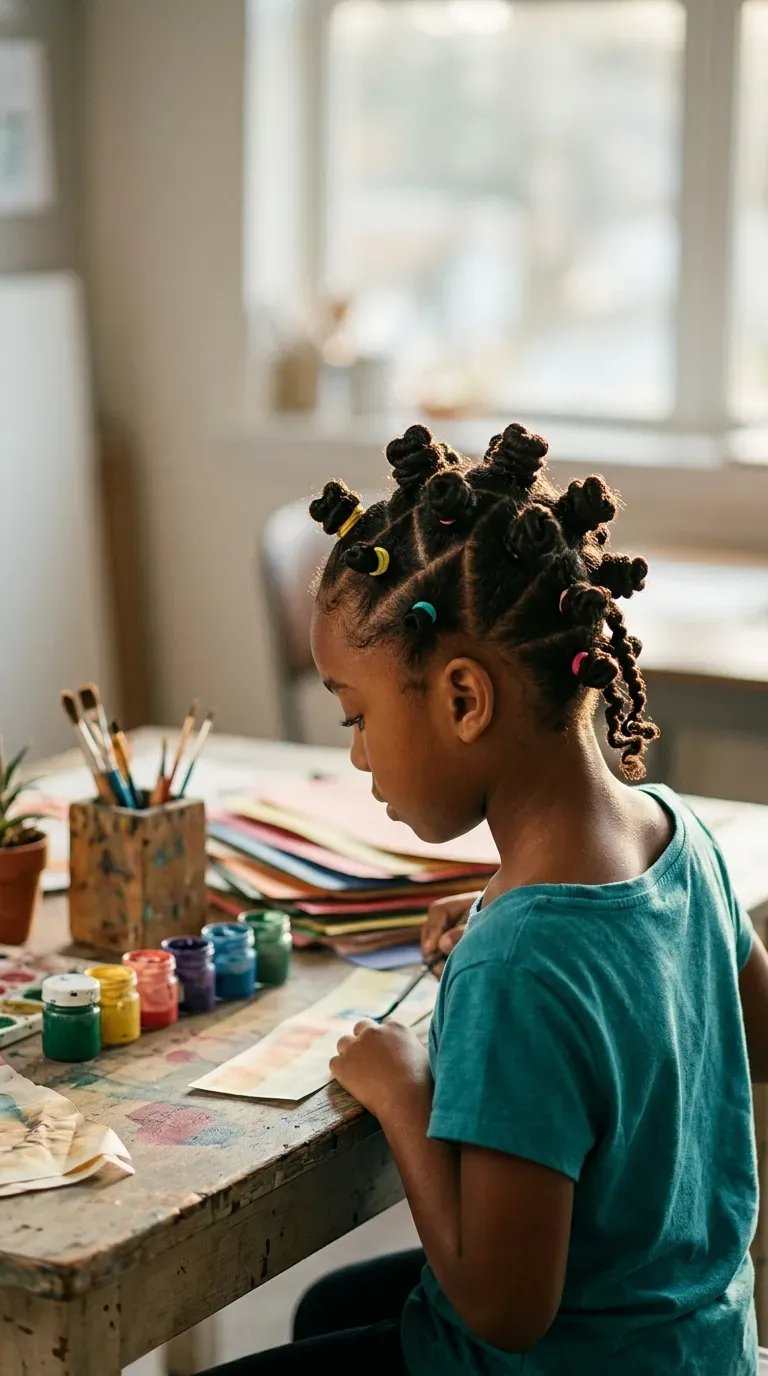 Side profile of a child with bantu knots secured by bright elastic bands
