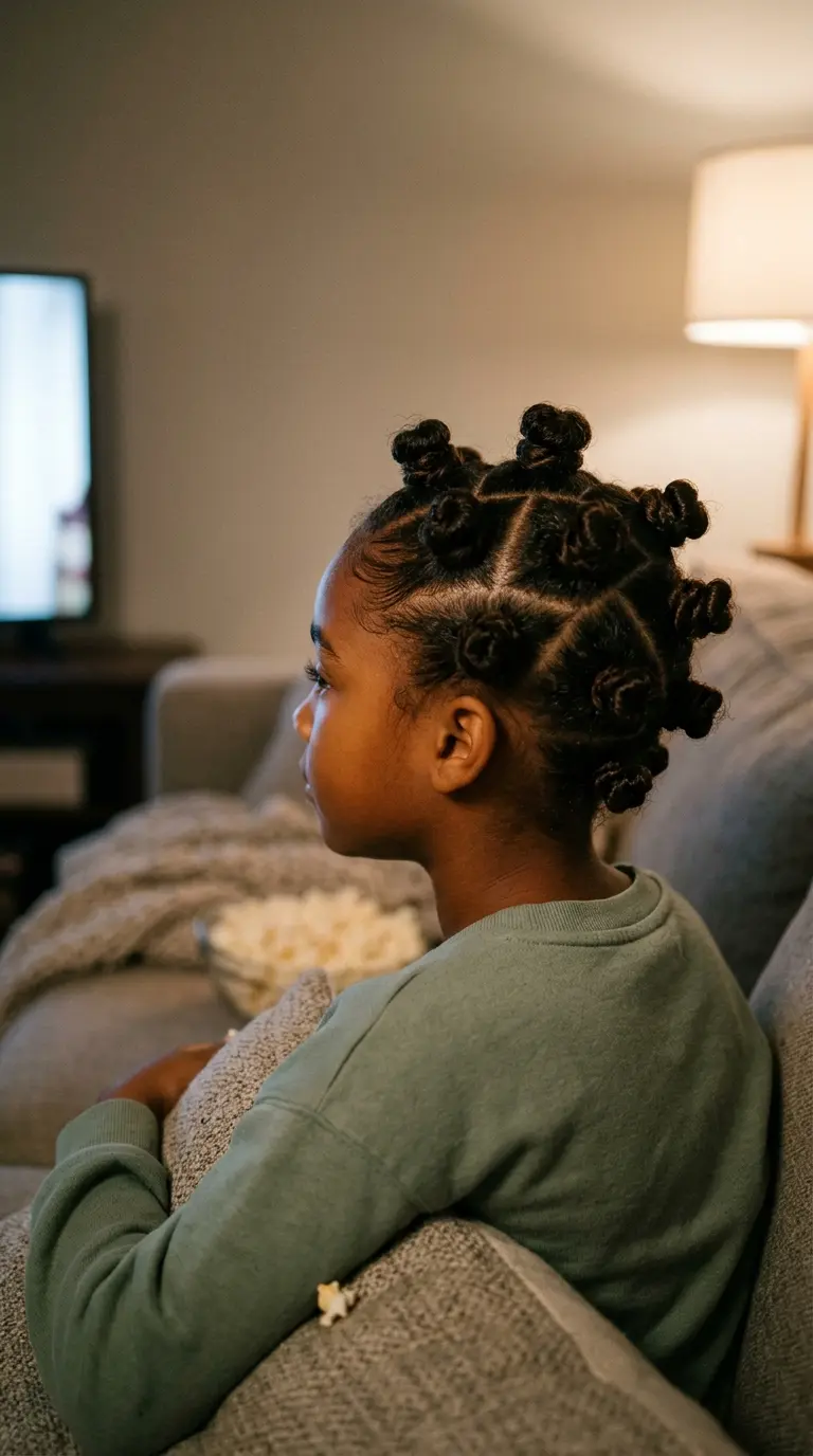 Three quarter back view of a mixed girl with neat Bantu knots across her head in a cozy living room