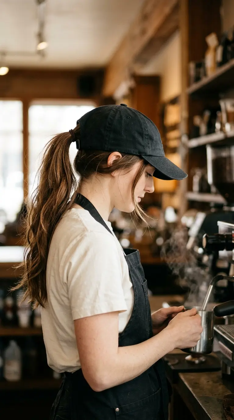 Side view of a barista wearing a plain cap with a low ponytail pulled through the back