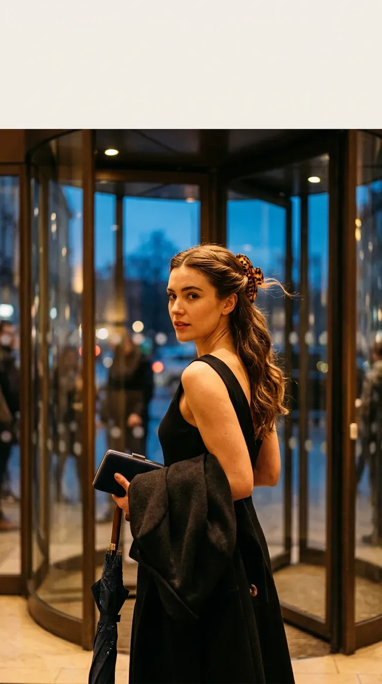 Over the shoulder view of a barrette half up style in a revolving door lobby