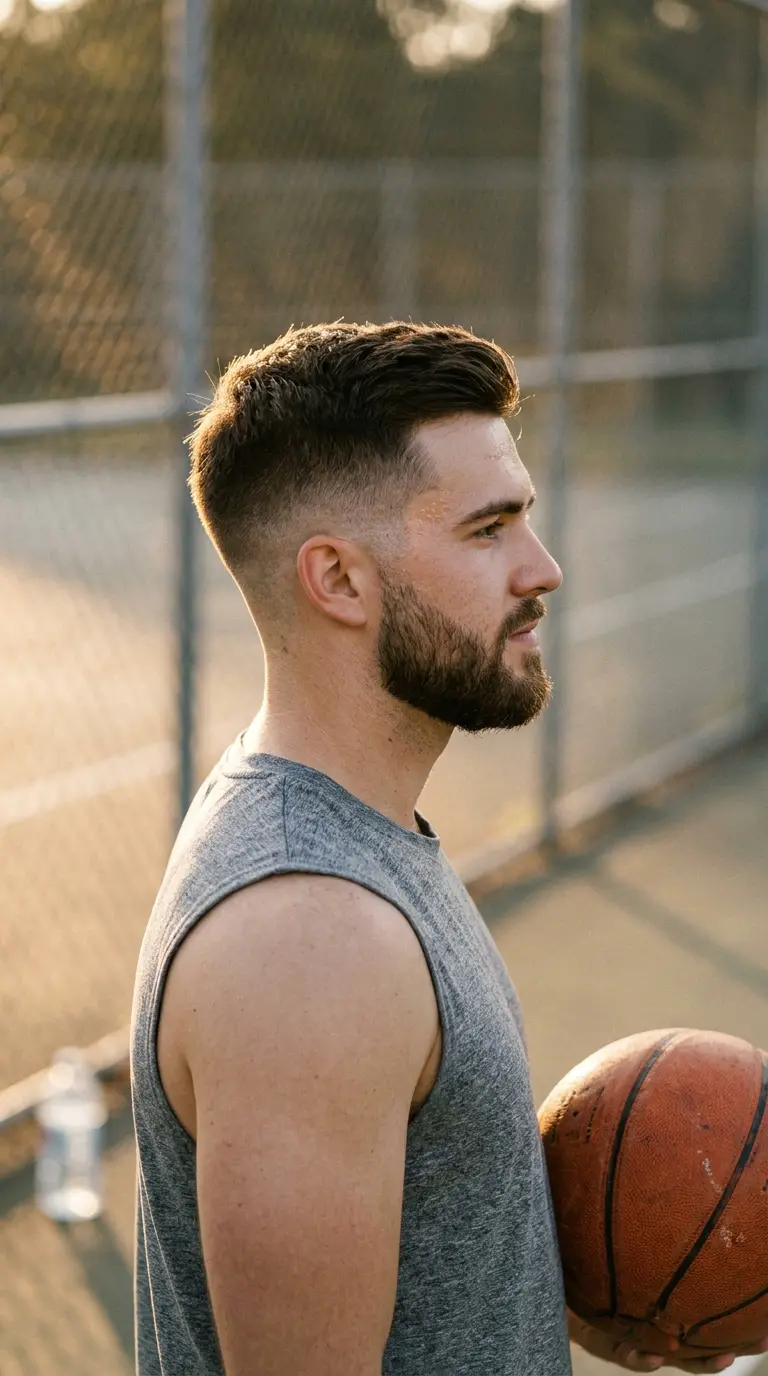 Side profile of a beard fading into a skin fade haircut on a basketball court