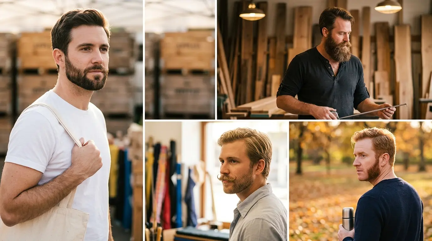 Four photo portrait collage of men showing beard styles in side and three quarter views
