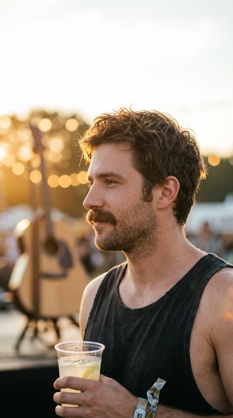 Side profile of a beardstache with a full mustache over short stubble