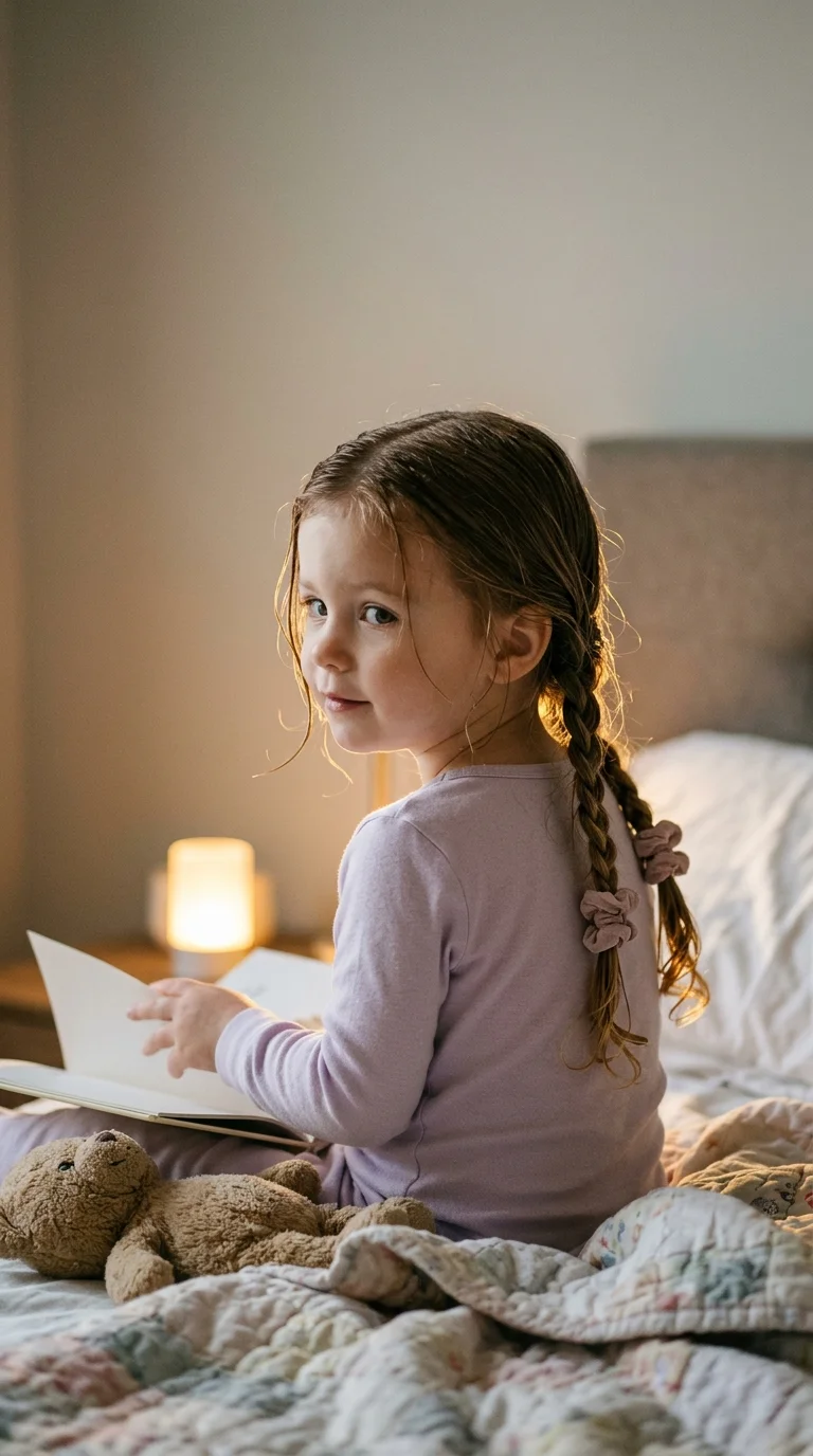 Three quarter back view of a toddler with two loose bedtime braids reading