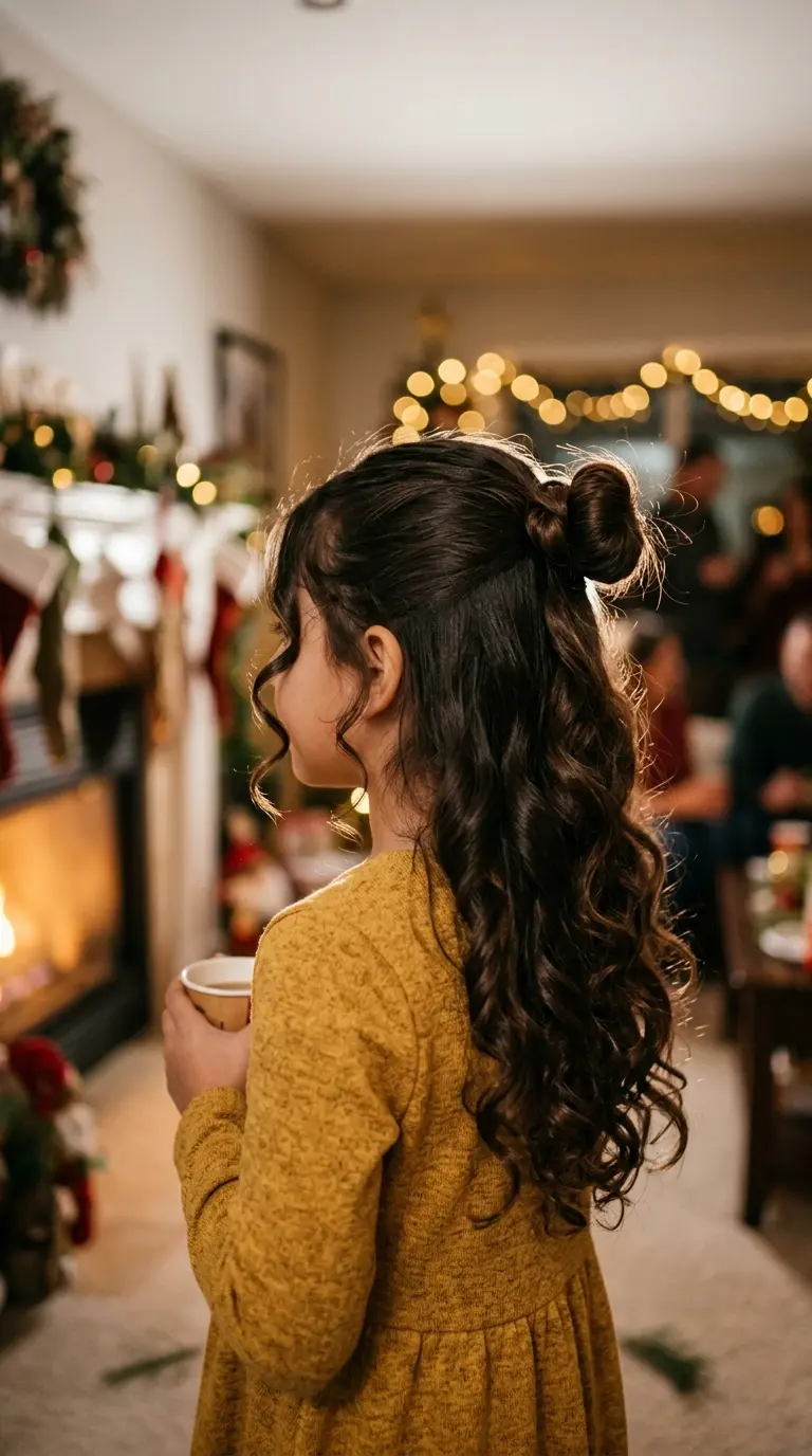 Three quarter back view of a girl with a half up twisted bun and soft curls at a holiday party