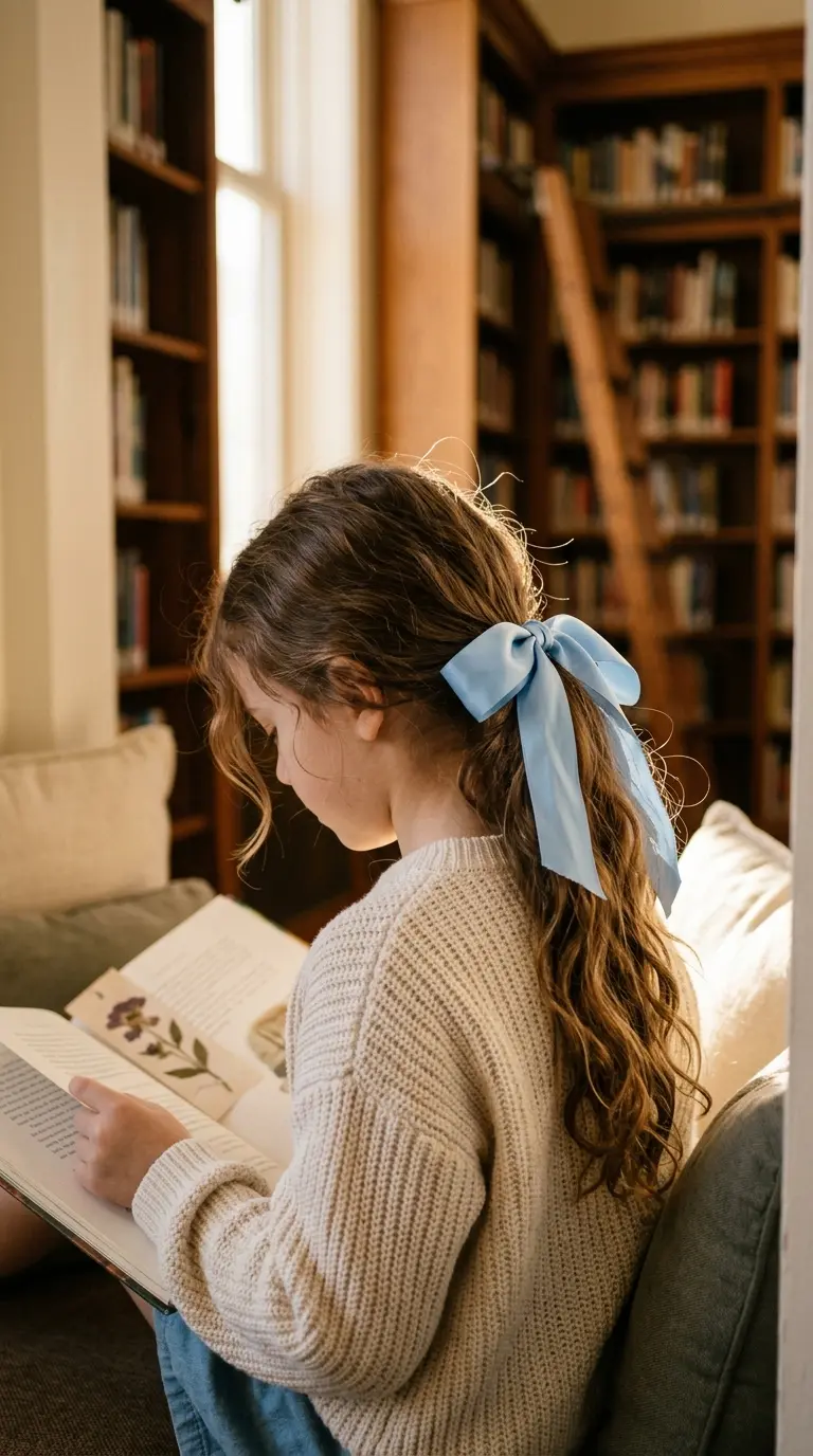 Three quarter back view of a girl with a low ponytail tied with a blue bow in a library