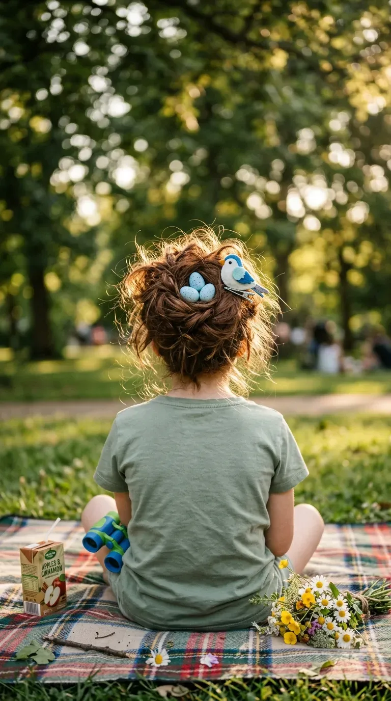 Messy chestnut bird nest bun holding small speckled blue plastic eggs in a park