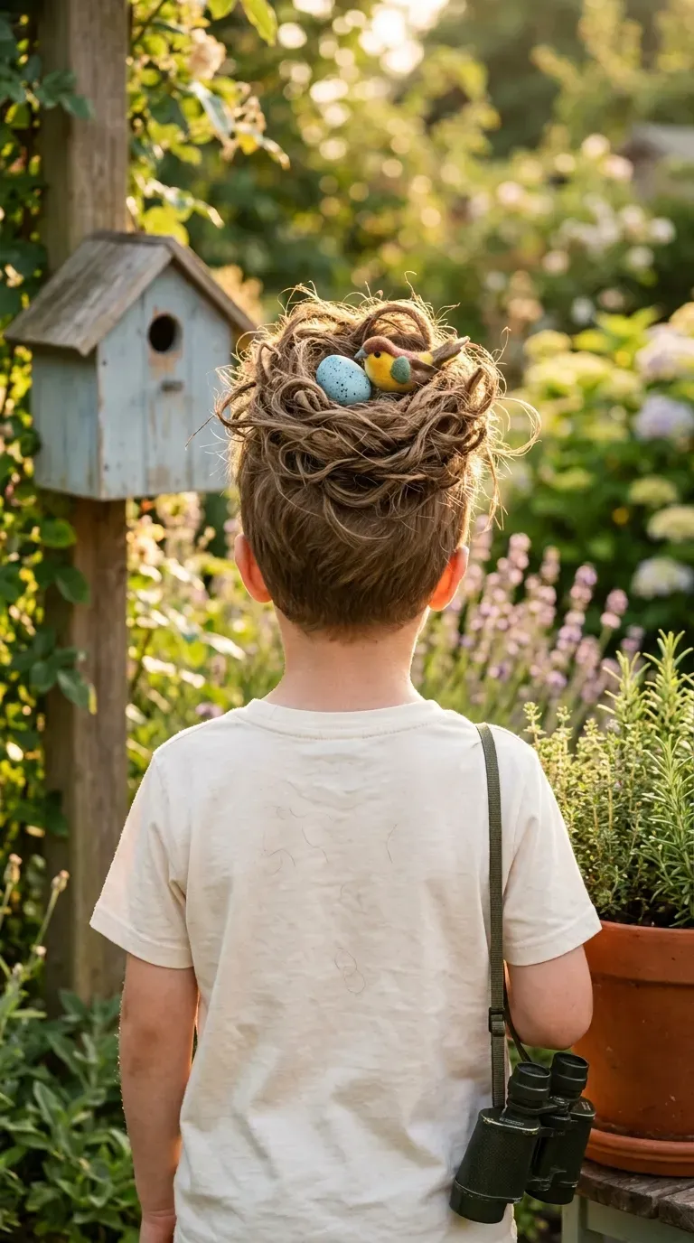 Teased short hair shaped into a nest holding a small blue toy egg