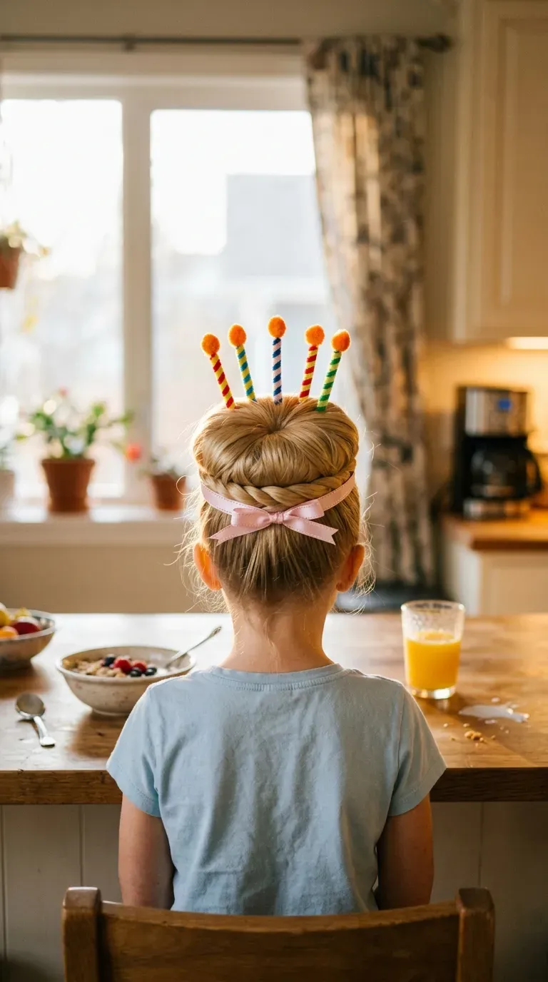 Flat wide blonde bun decorated like a birthday cake with pipe cleaner candles