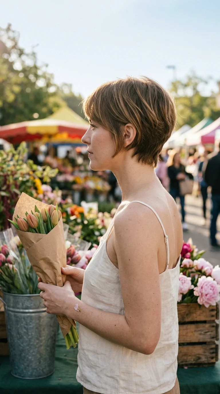 Side profile of a light brown bixie cut with honey pieces at a flower market