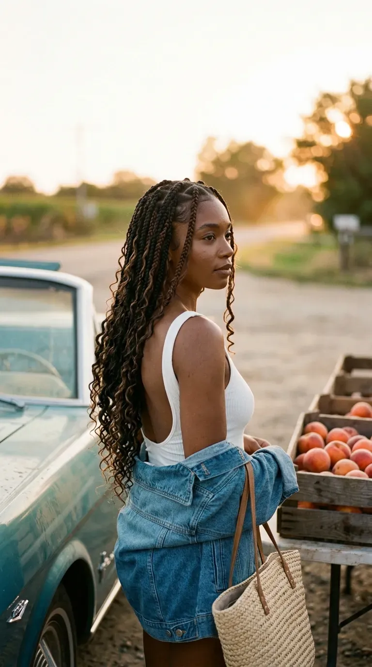 Three quarter view of black and brown mixed boho knotless braids with curly ends