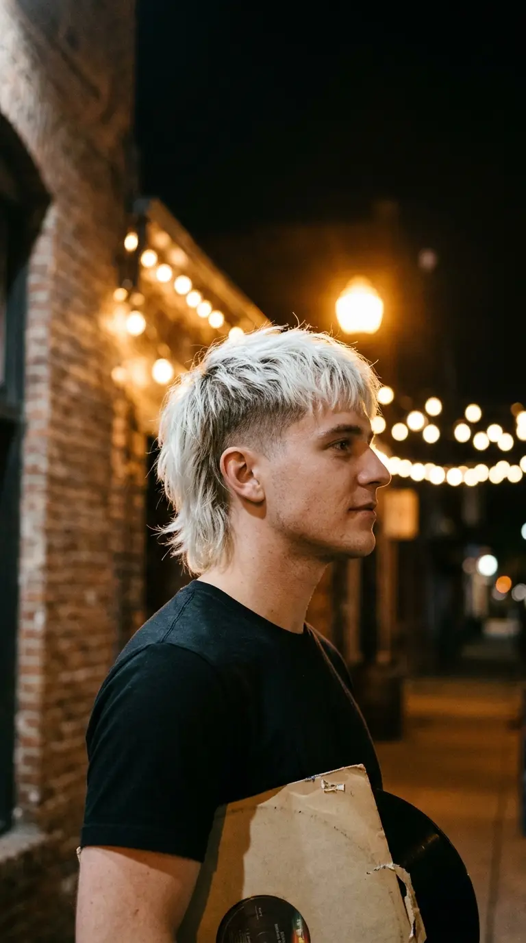 Side profile of a bleached platinum mullet outside a music venue at night