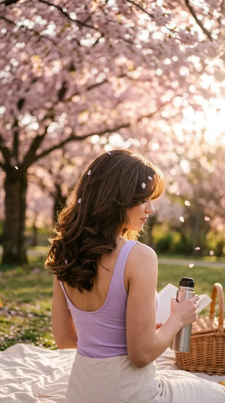 Three quarter view of voluminous blowout layers under cherry blossom trees