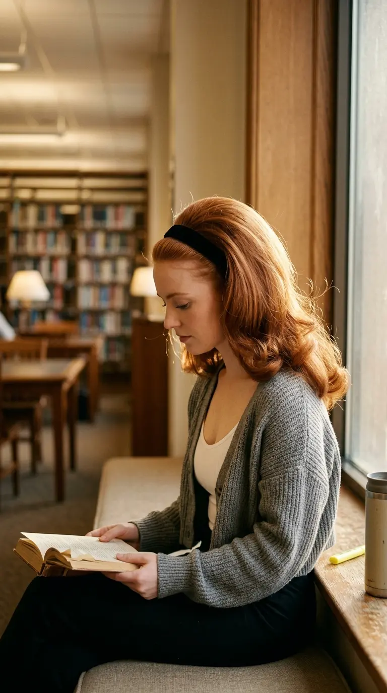 Side profile of copper blowout with slim black velvet headband and full back volume