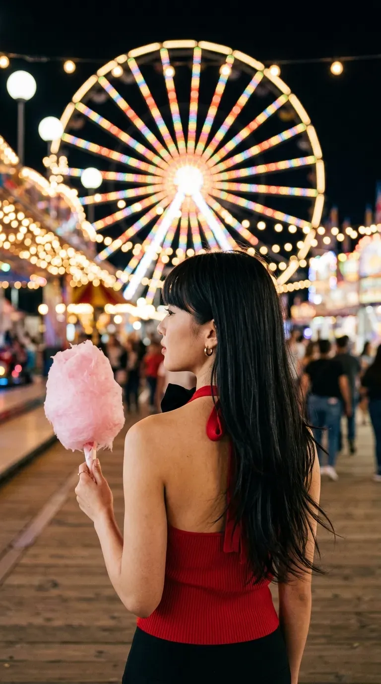 Long black layered hair with blunt bangs in slight profile at a night carnival