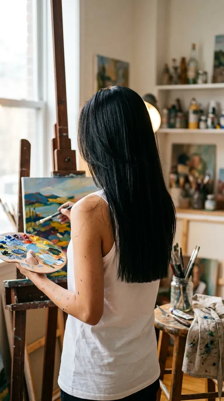 Long straight black hair with top layers and thick blunt ends in art studio