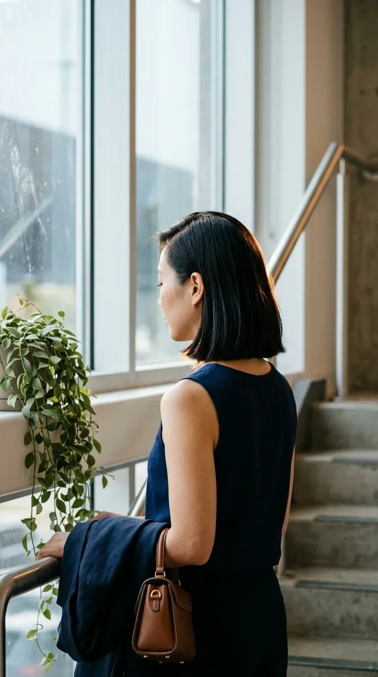 Three quarter back view of a blunt shoulder length bob in a stairwell