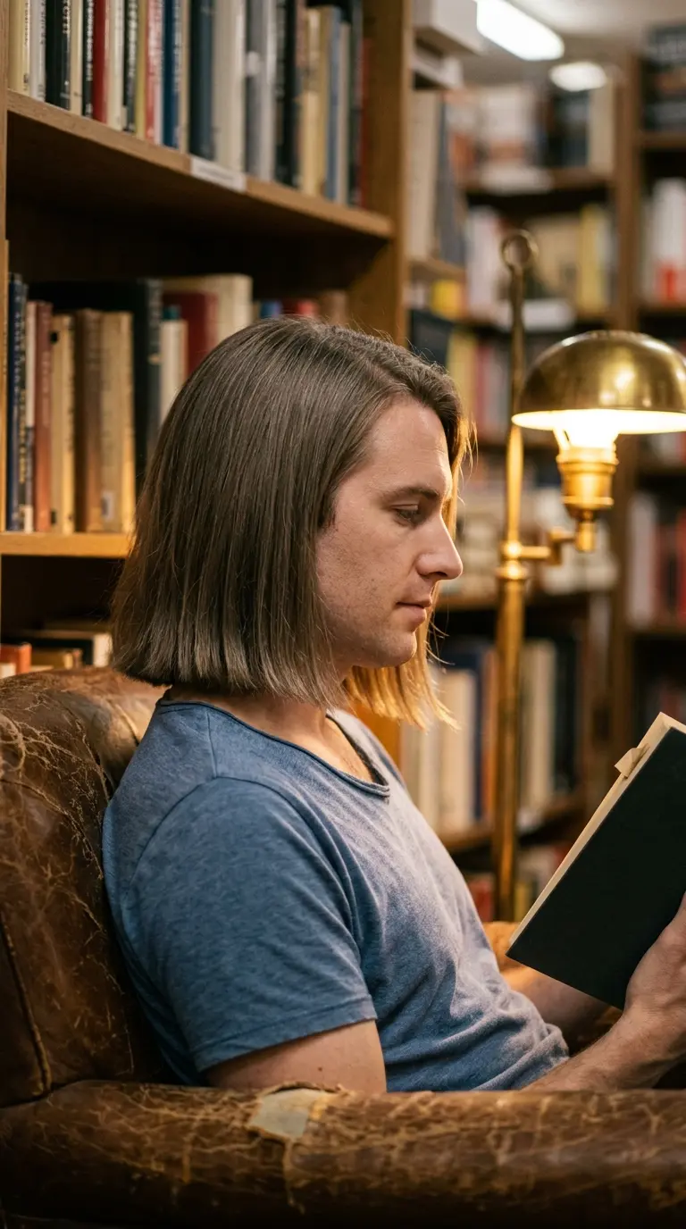 Side profile of a blunt shoulder length cut on fine straight hair