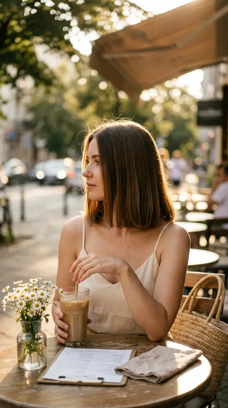 Three quarter view of a blunt shoulder length haircut with a softened edge