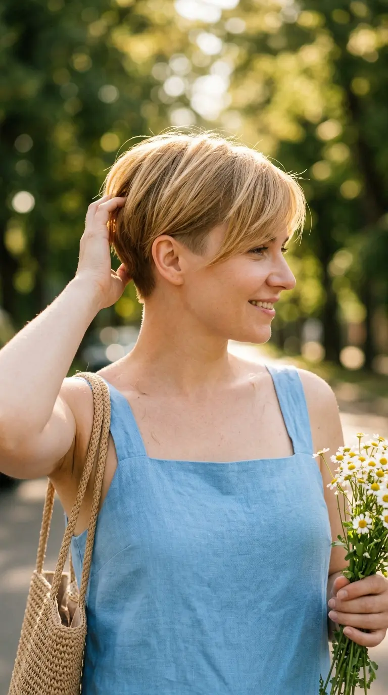 Three quarter view of a golden blonde new pixie with long fringe outside a salon