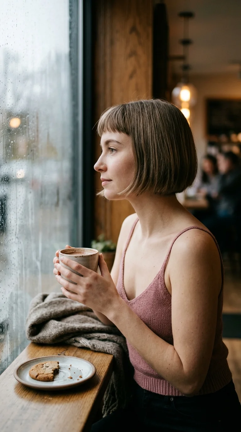 Side profile of a light brown bob with short wispy micro bangs