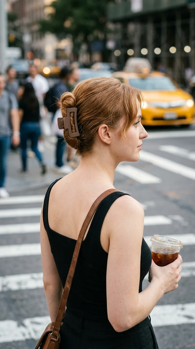 Over the shoulder view of an auburn French twist pinned and clipped on a street