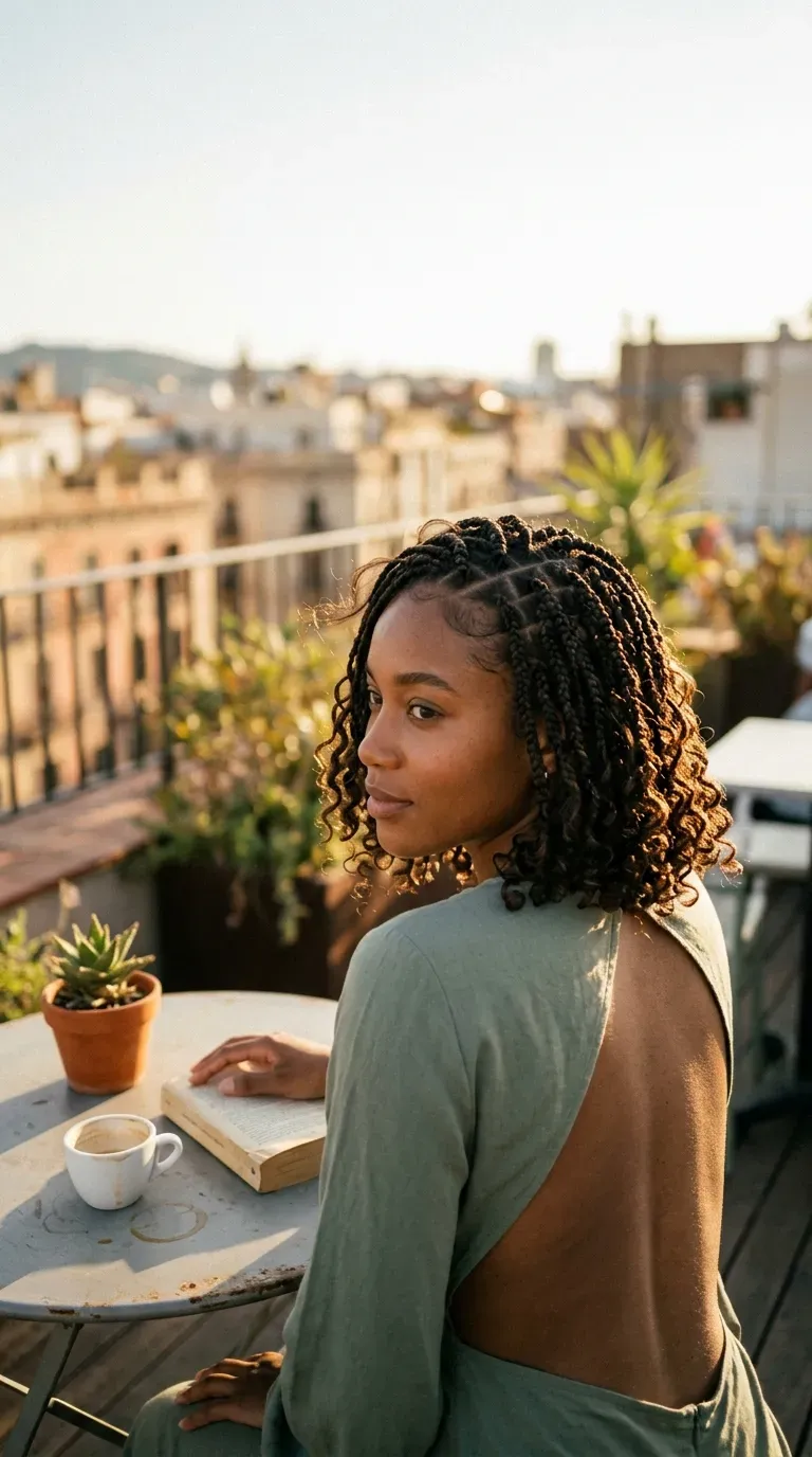 Over the shoulder view of a chin length boho knotless bob with curly ends