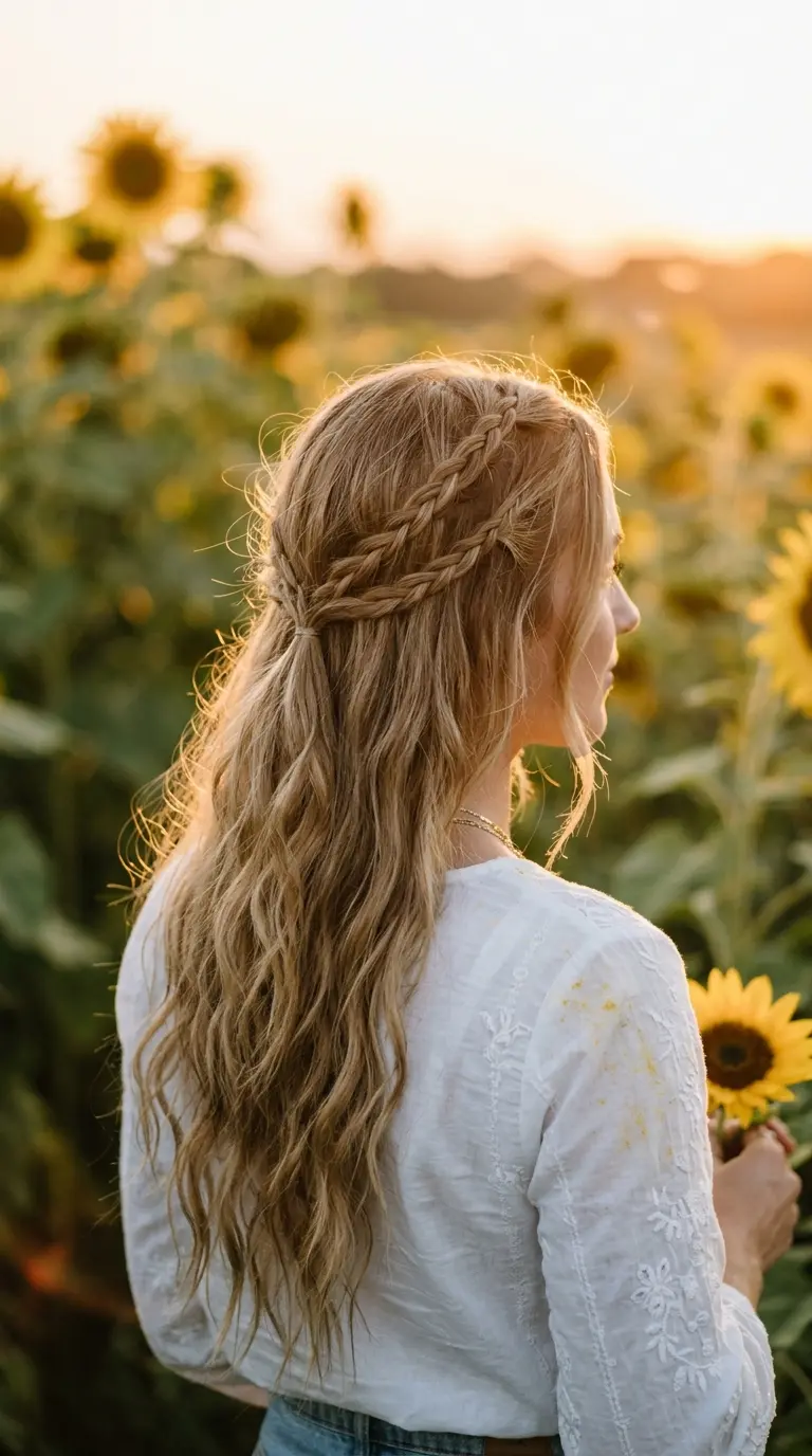 Back view of several thin braids gathered with loose twists at the back of the head over long waves