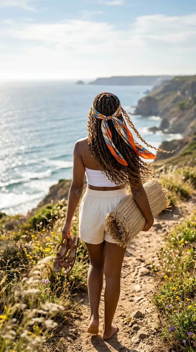 Boho two strand twists with loose wavy curls in a sunny art gallery