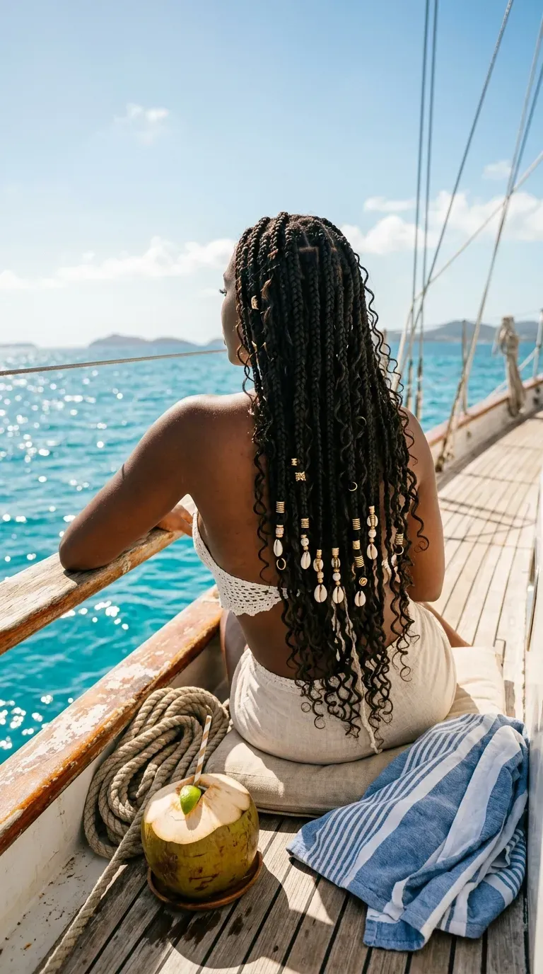 Bora bora braids decorated with gold cuffs and cowrie shells on a sailboat deck