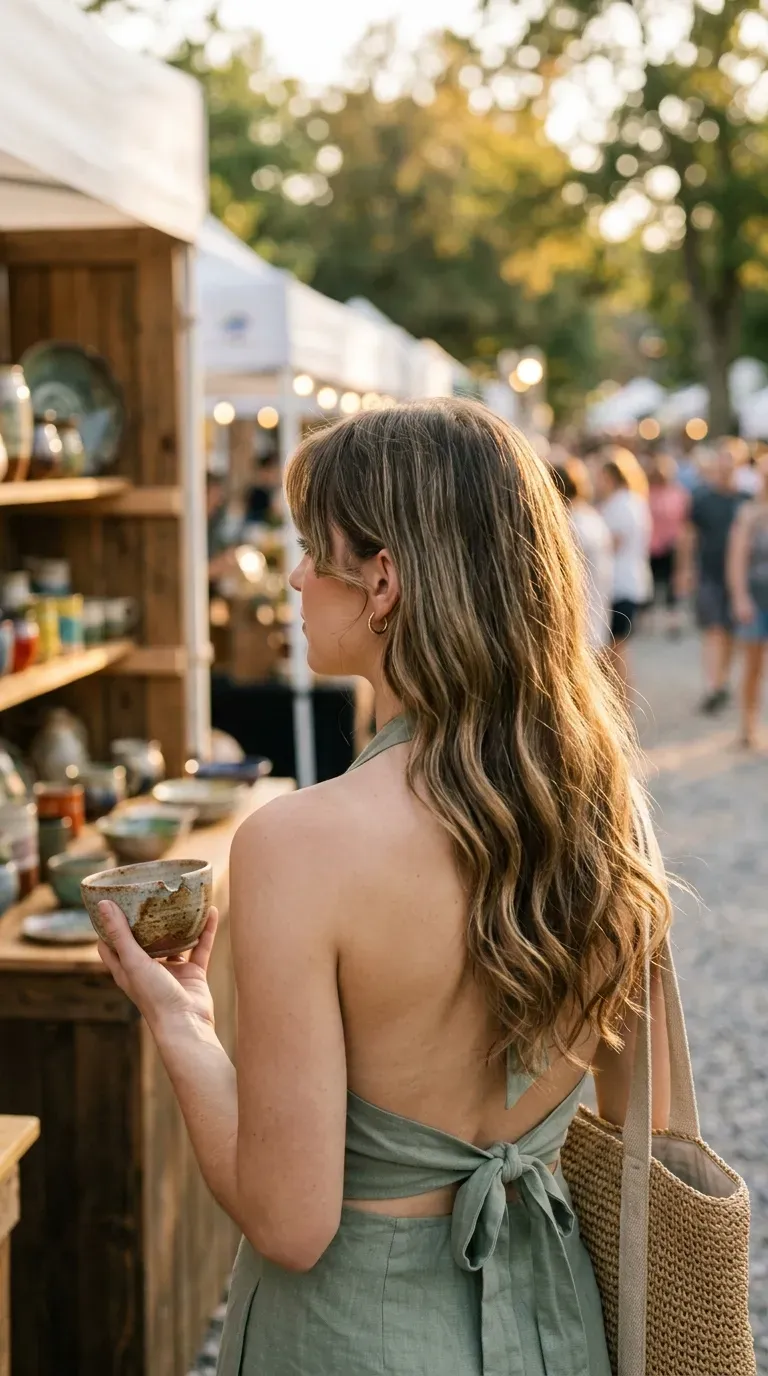 Dark blonde long hair with bottleneck bangs flaring at cheek at an outdoor art fair